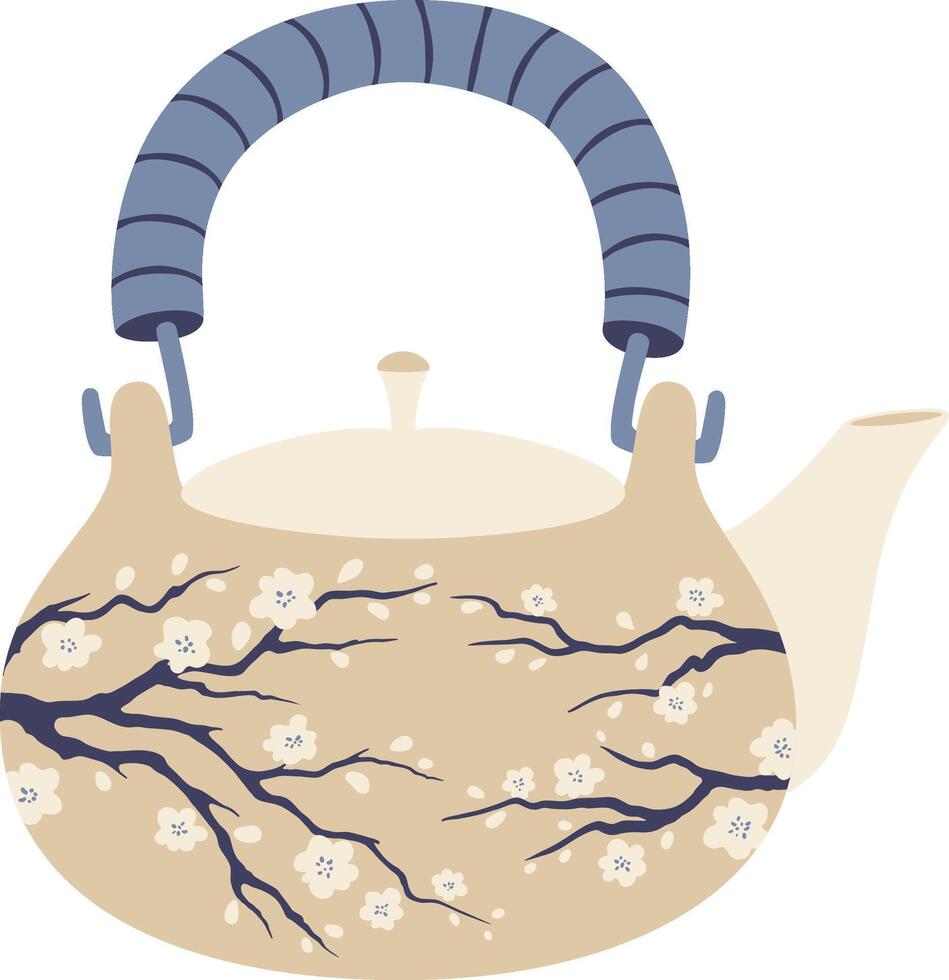 Traditional ceramic teapot featuring a blue handle and adorned with a delicate cherry blossom pattern, creating an inviting atmosphere for savoring a soothing cup of tea vector