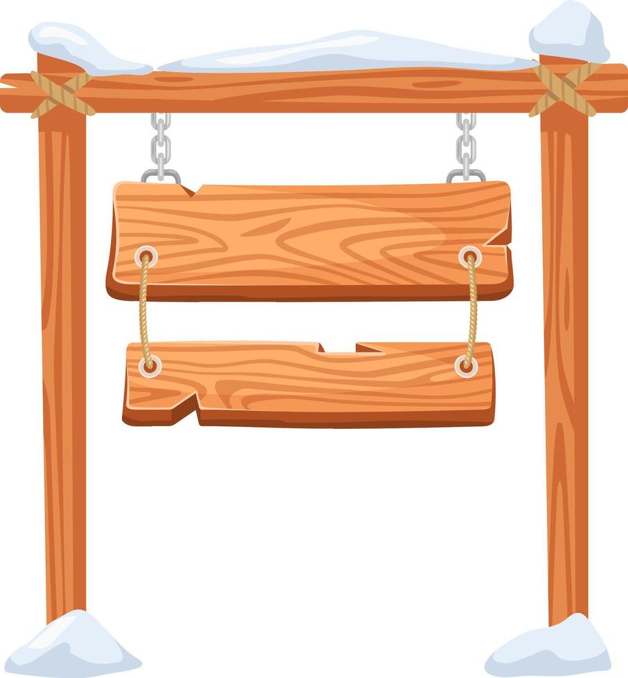 Wooden sign hanging from a snowy wooden signpost, secured with chains and ropes, providing an ideal backdrop for winter or Christmas announcements and messages vector