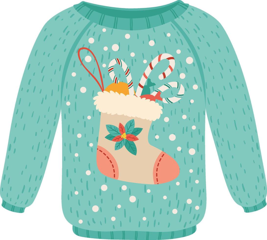 Knitted christmas sweater with a stocking full of gifts and candy canes, creating a cozy and festive atmosphere perfect for celebrating winter holidays vector