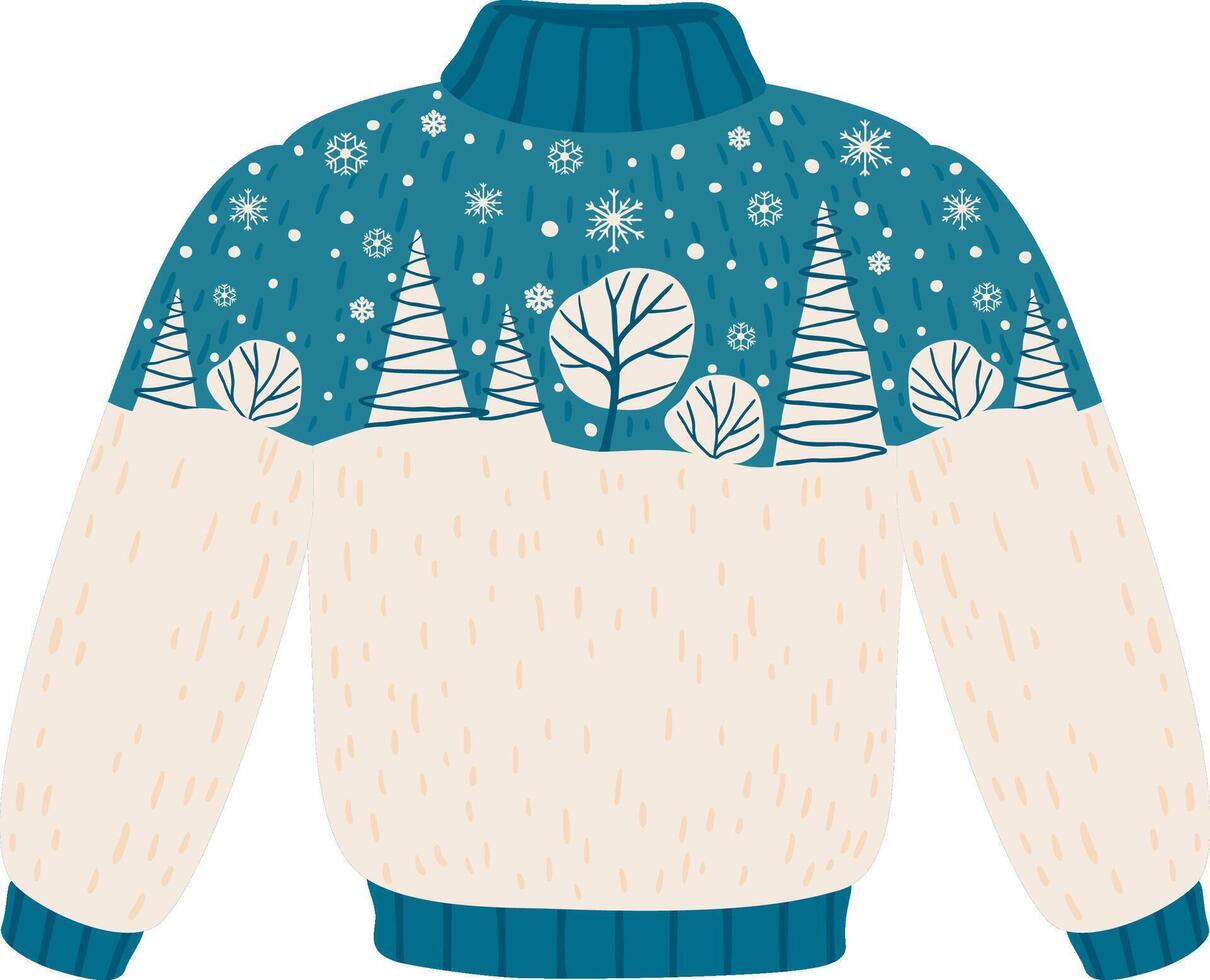 Warm knitted sweater with a festive design featuring a winter forest scene with snowflakes, perfect for cozy winter days and holiday celebrations, is lying flat vector