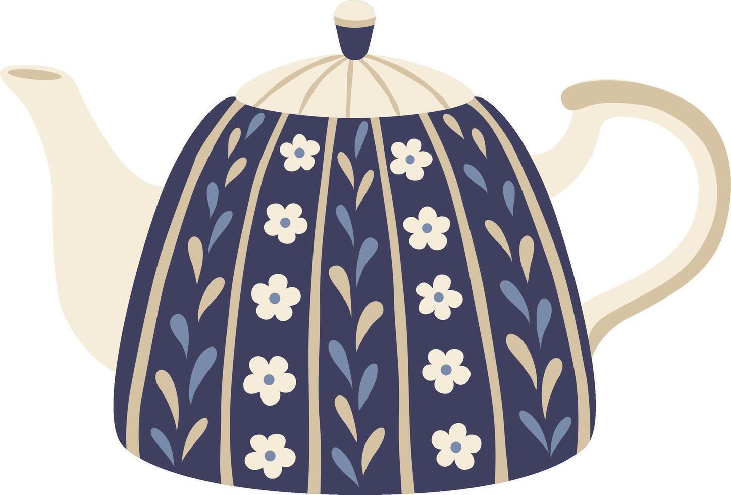 Dark blue ceramic teapot featuring a charming floral pattern, complemented by a beige spout and handle, creating an inviting atmosphere for cozy teatime moments vector