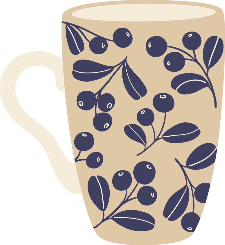 Cozy autumn vibes emanating from a beige mug adorned with a charming blueberry pattern, perfect for enjoying a warm beverage on a crisp fall day vector