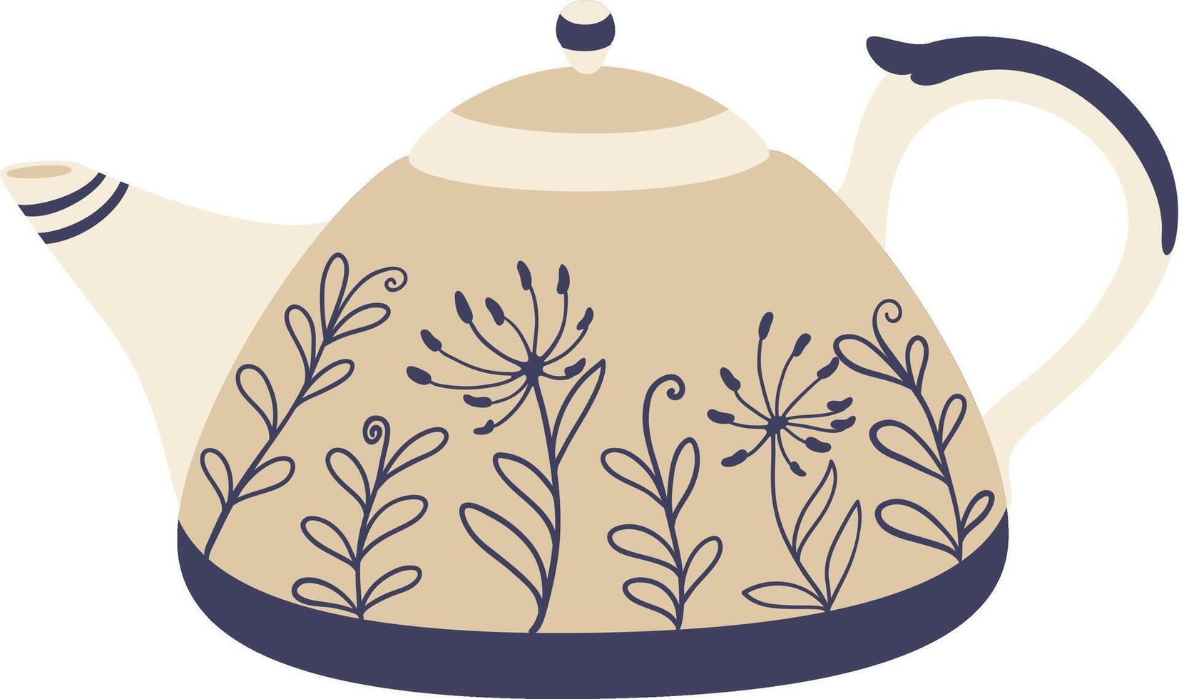 Beige teapot with floral decoration showing dandelion and leaves, isolated on white background, perfect for tea lovers and kitchenware enthusiasts vector