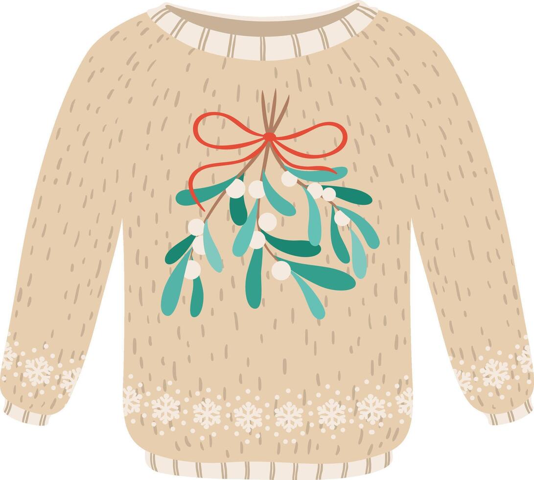 Cozy beige Christmas sweater featuring a mistletoe decoration tied with a red ribbon and a festive snowflake pattern along the bottom, perfect for the holiday season vector