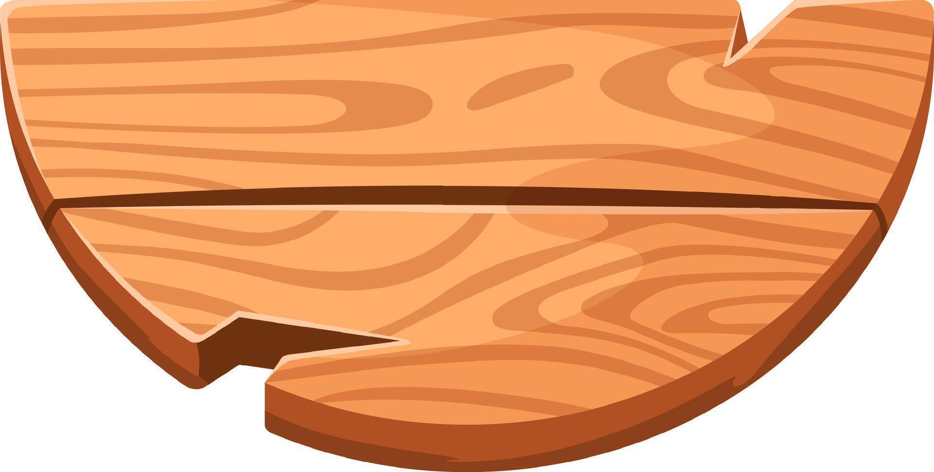 Cartoon style broken wooden sign featuring an empty space for text, pointing right. Displaying visible wood grain and cracks, isolated against a clean white background vector
