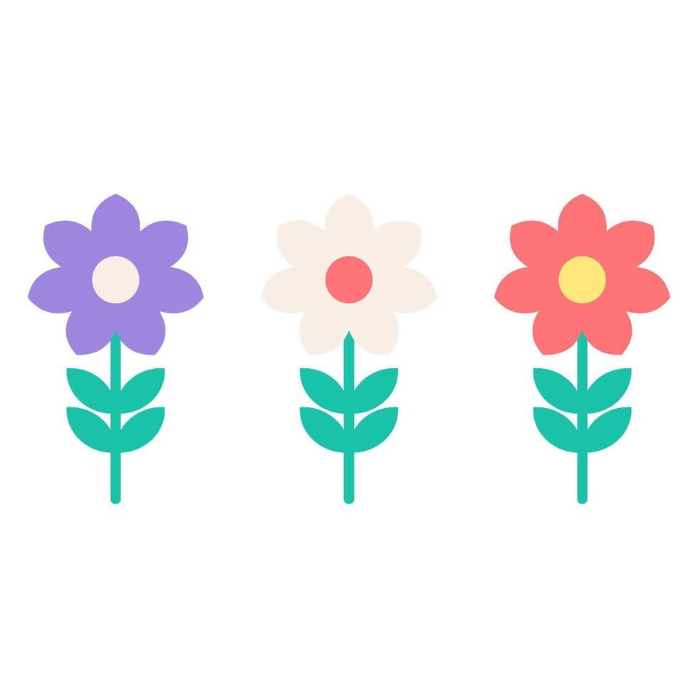 3 flowers different color with green leaf on white background, cute flowers for element and decoration. vector