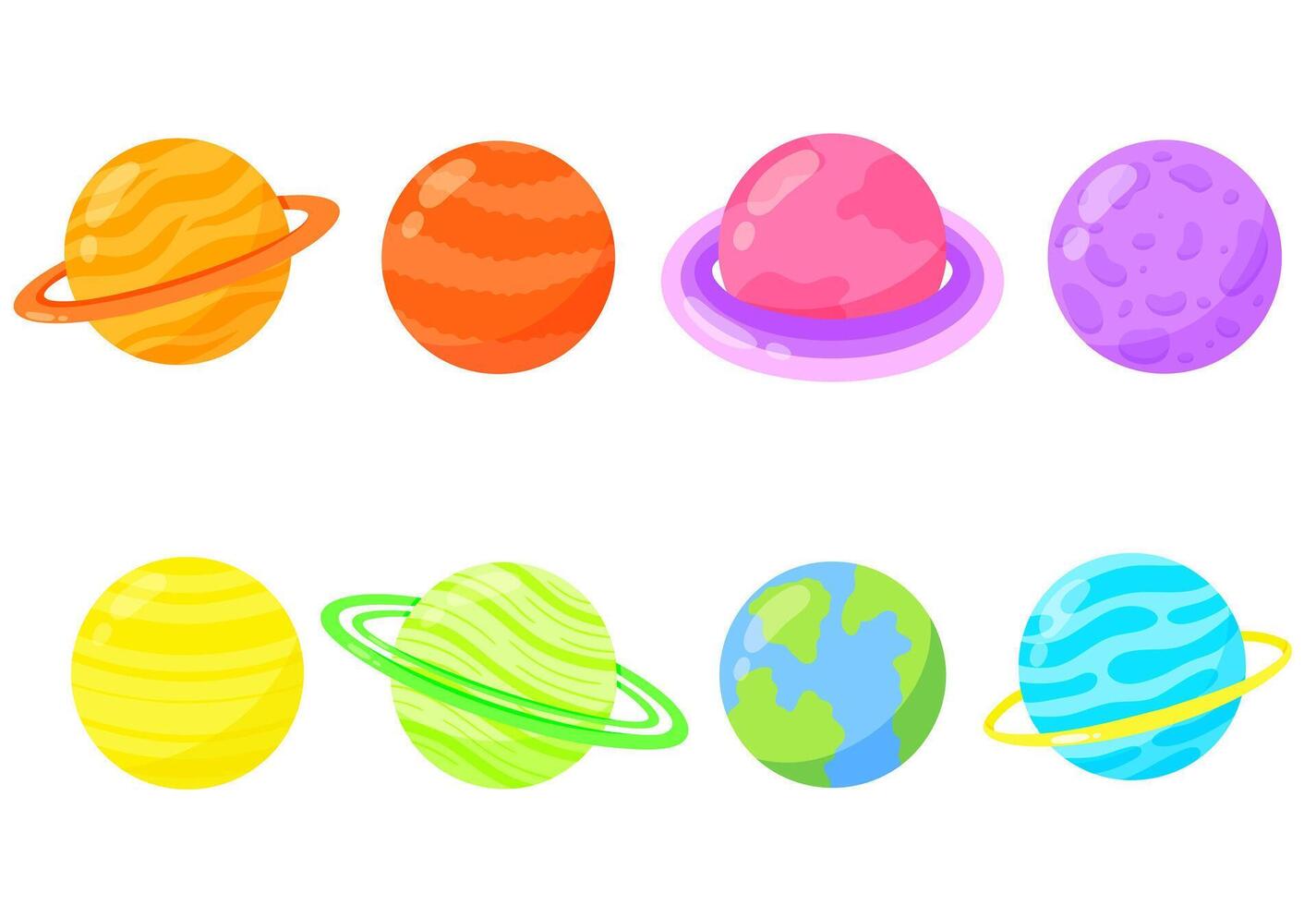 Kids colourful cartoon planet set of illustrations. Galaxy, space, universe vector