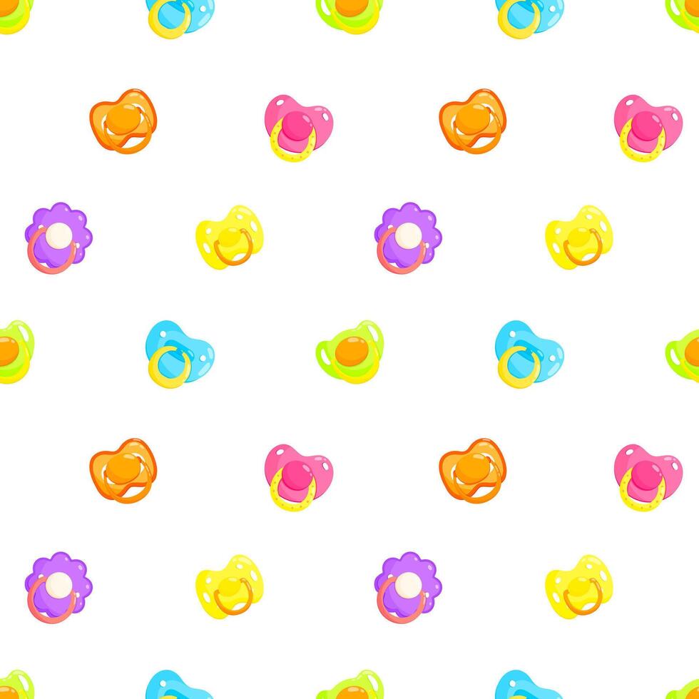 Colourful dummies seamless pattern. Front view pacifiers. Background, print, packaging design vector