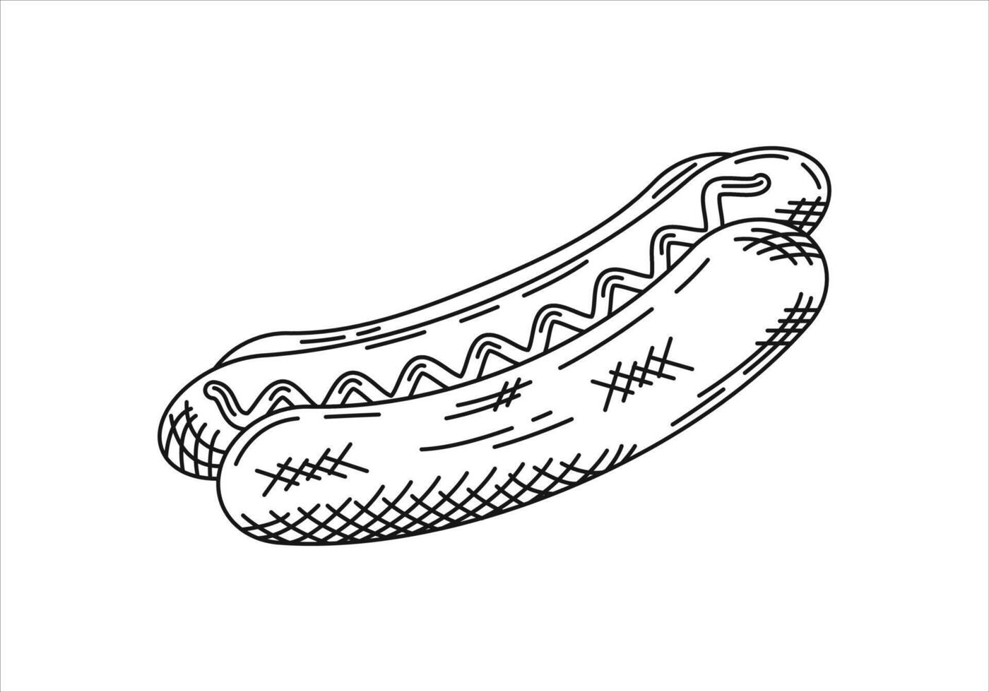Hot dog doodle. Hot dog sketch line art. Hot dog sausage drawing illustration. Editable stroke vector