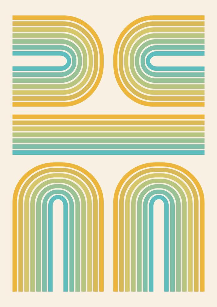 Aesthetic minimalistic geometric colorful poster illustration. Boho decor of lines in rainbow colors vector