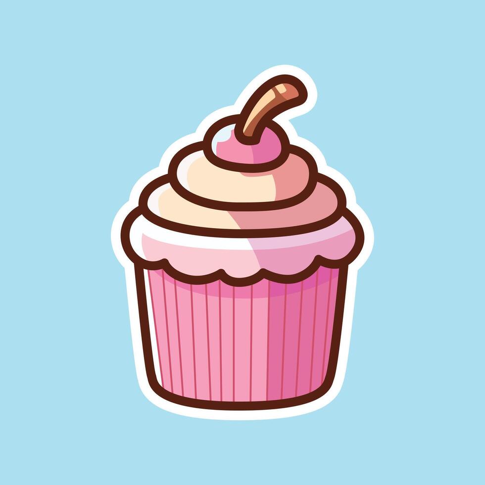 Cute Pink Cupcake with Cherry and Cream Topping Illustration vector
