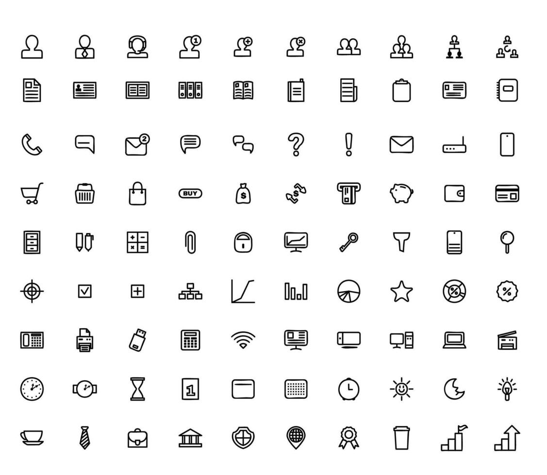 Business and Finance icons set. Outline black signs on white background. Money and commerce design. vector