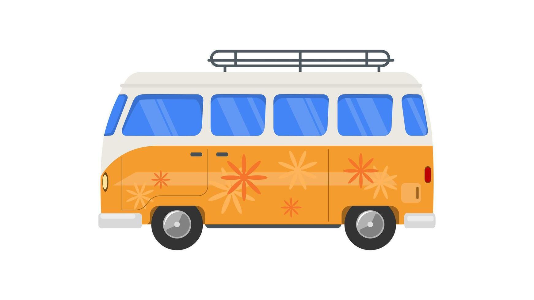 Vintage orange coach bus. Flat hippie van isolated on white background. Summer tourist bus family travel. Retro classic van concept. Groovy style vector