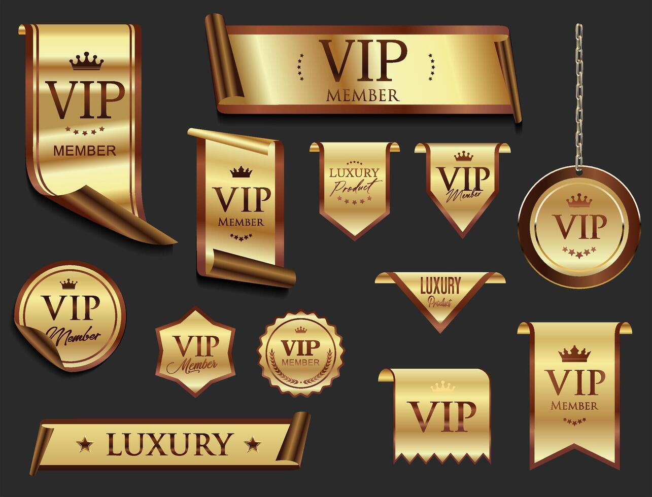 VIP and premium emblem bronze and gold isolated on black background stock illustration vector