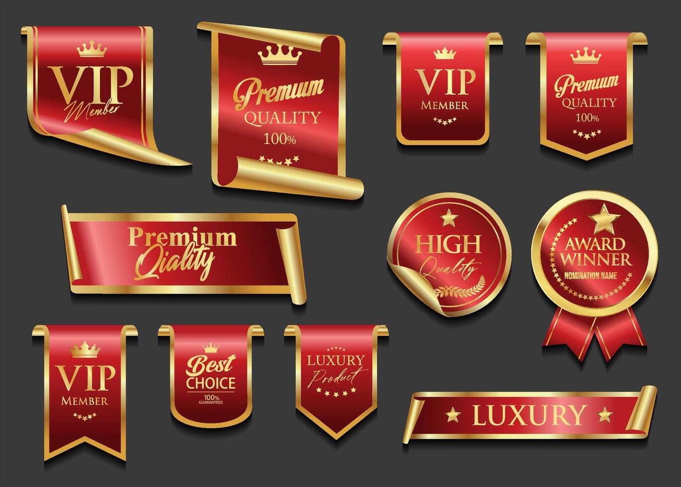 VIP and premium emblem and badges red and gold color isolated on black background stock illustration vector
