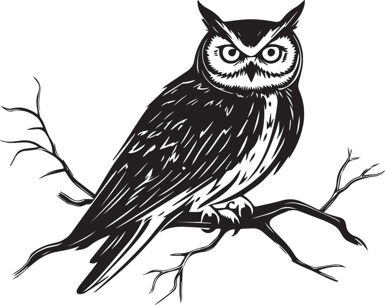 Silhouette of an owl perched on tree branch black and white vector