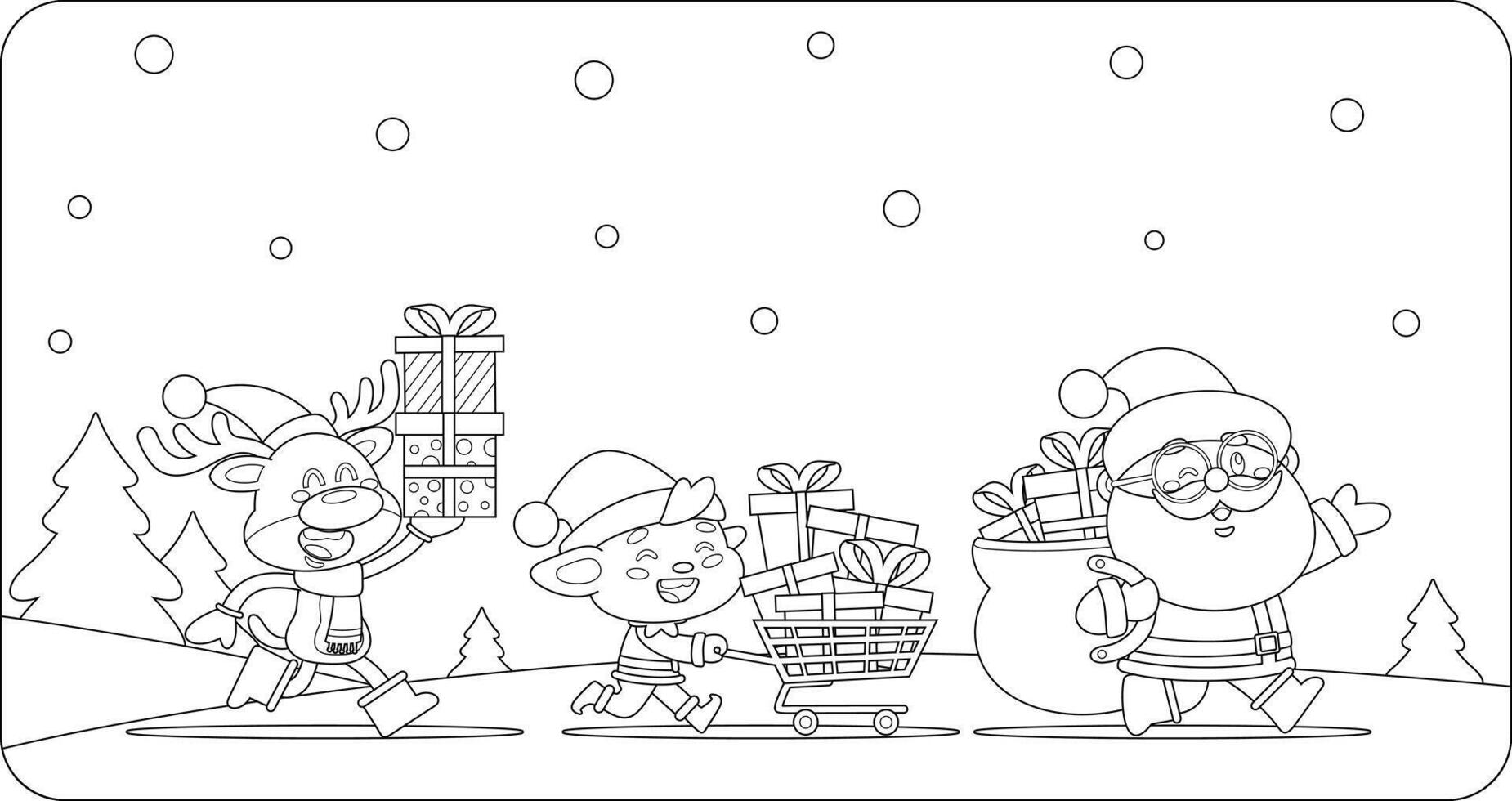 Outlined Santa Claus, Elf, and Reindeer Delivering Christmas Gifts in the Festive Christmas Night with Merry Christmas Greeting vector