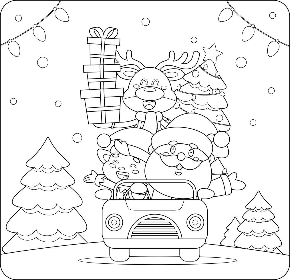Outlined Cute Santa Claus, Elf, and Reindeer Driving a Festive Car with Christmas Gifts and Tree Cartoon Characters vector