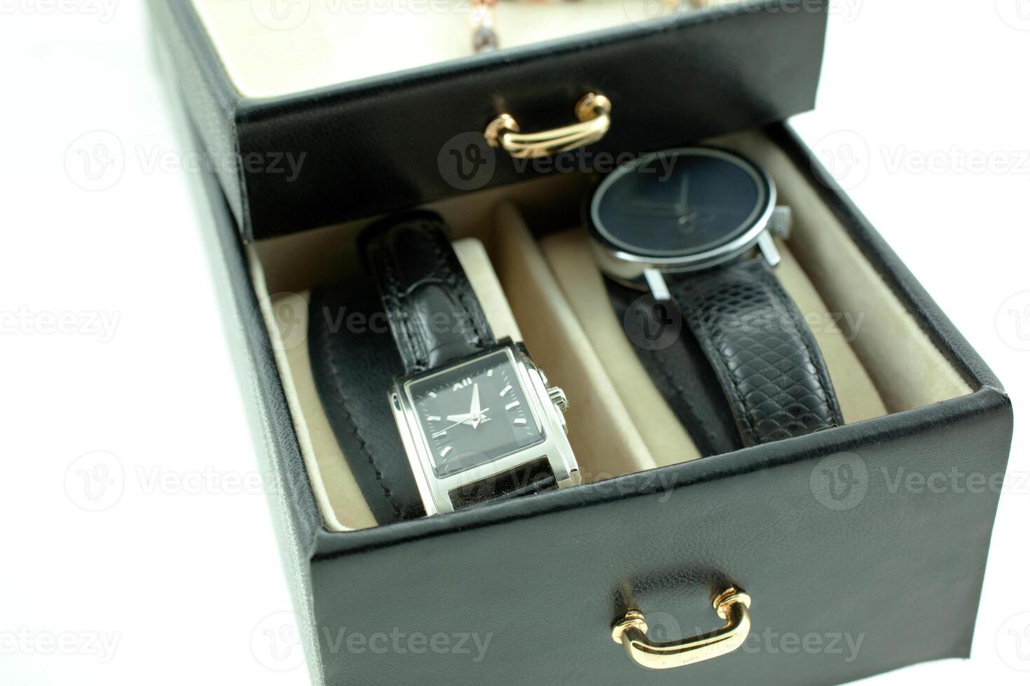 black with silver female watches in a jewelery case photo