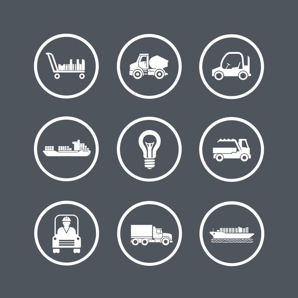 Industrial icon set, ship, trolley, car, bulb, shipment vector