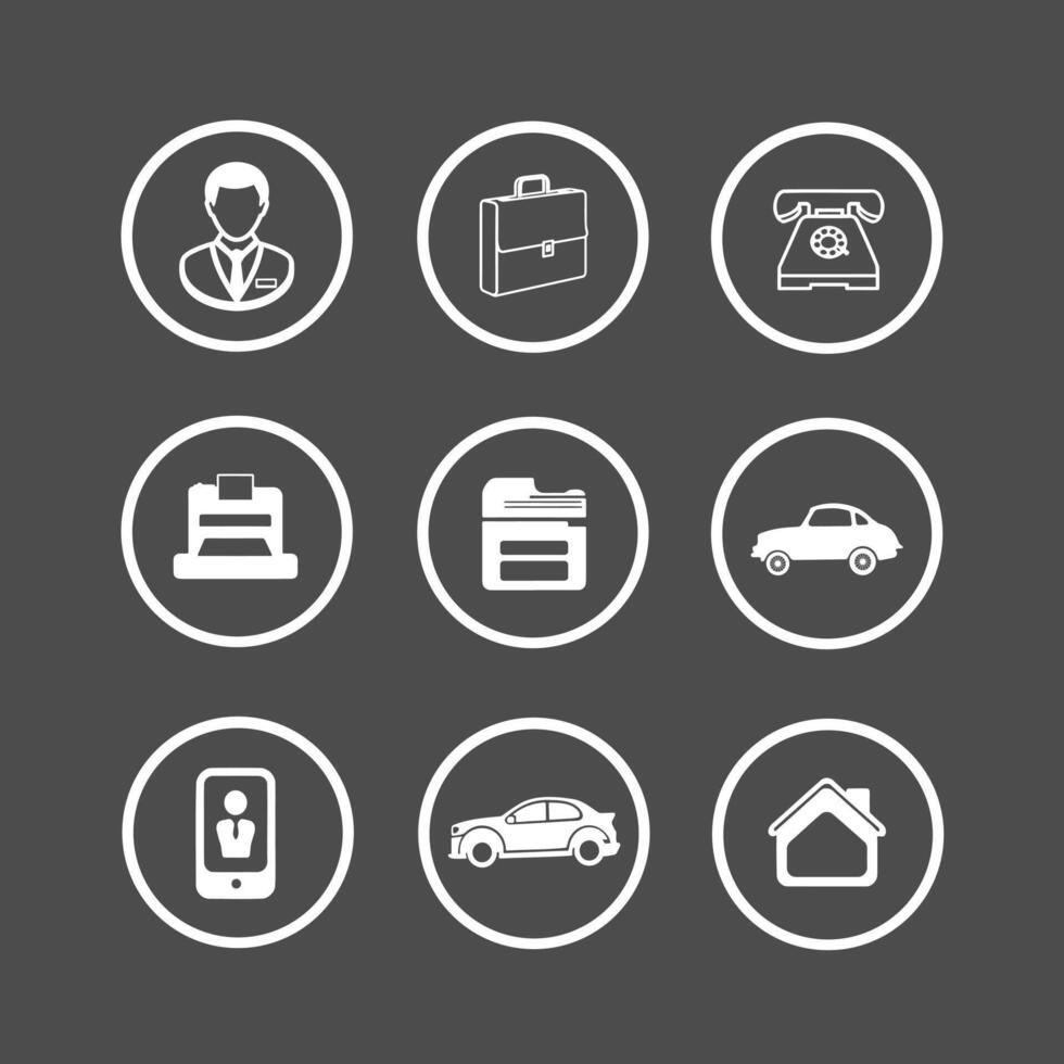 Business and office icon set, printer, phone, manager, car, home, briefcase vector