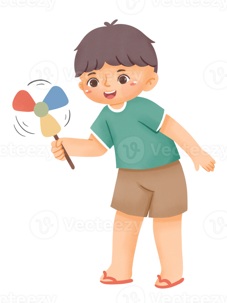 A boy holding a colorful windmill png