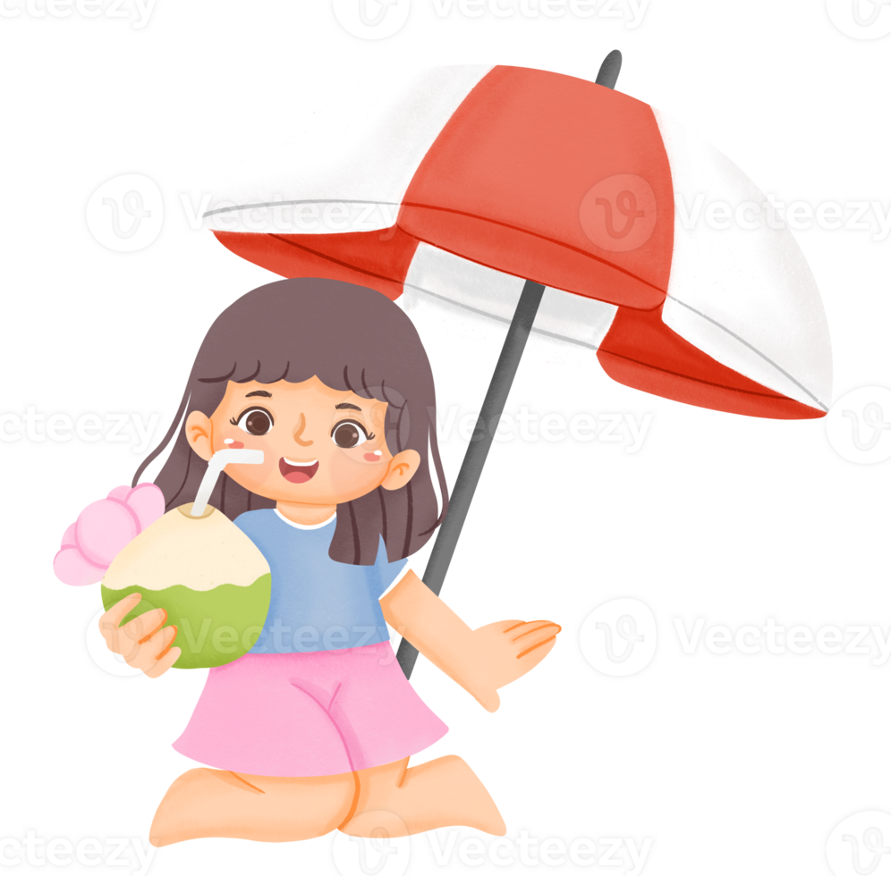 A girl holding a coconut and an umbrella png