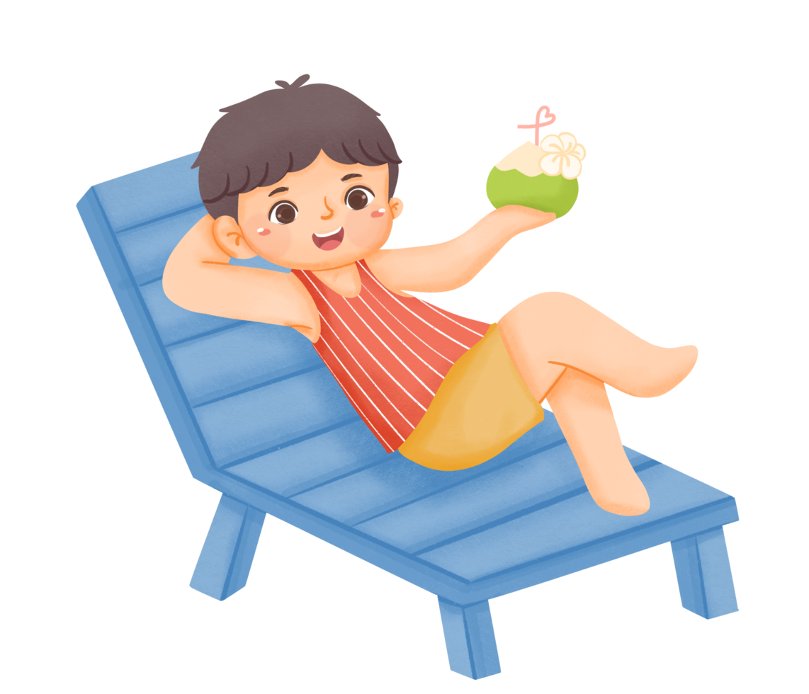 A boy sitting on a chair with a coconut png