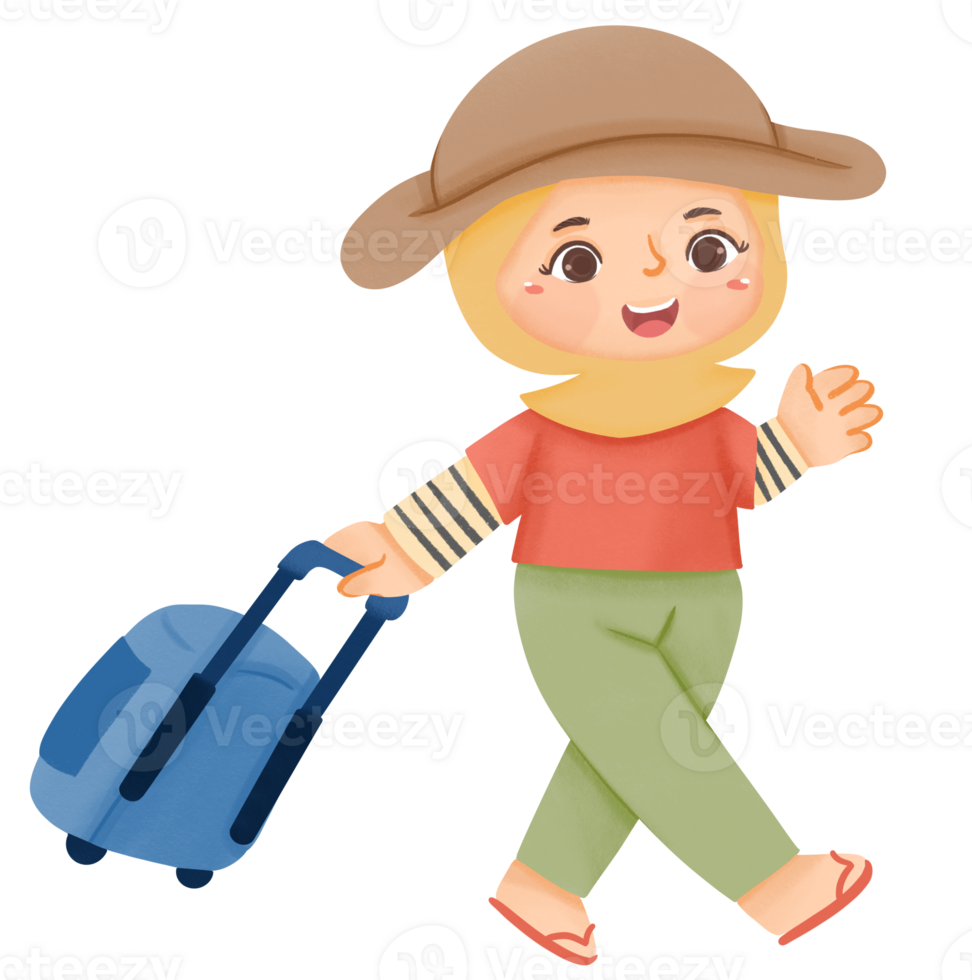 A cartoon girl with a suitcase and hat png