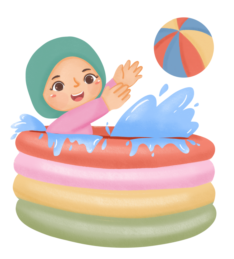 A cartoon girl playing in an inflatable pool png