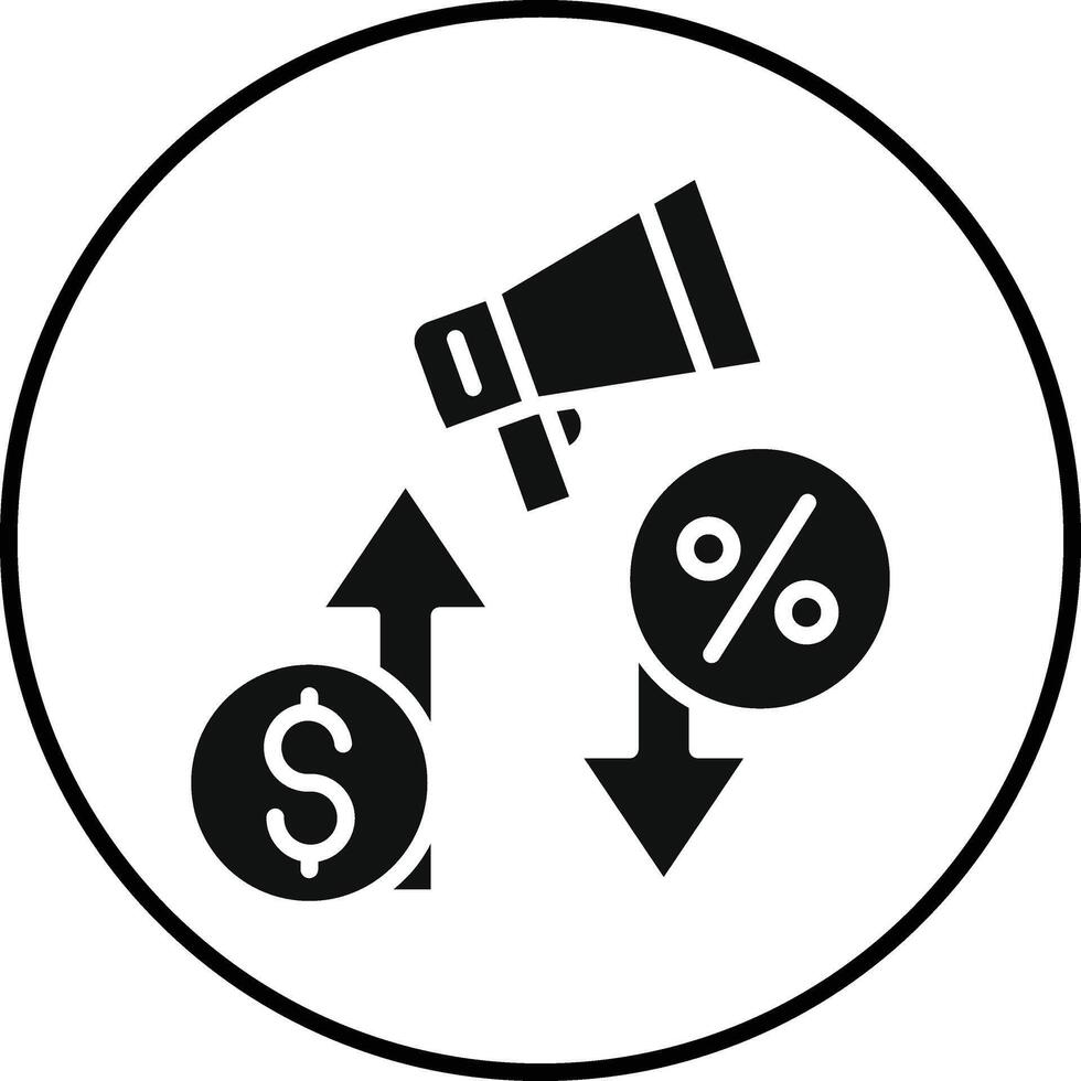 A black and white icon of a megaphone and dollar signs vector