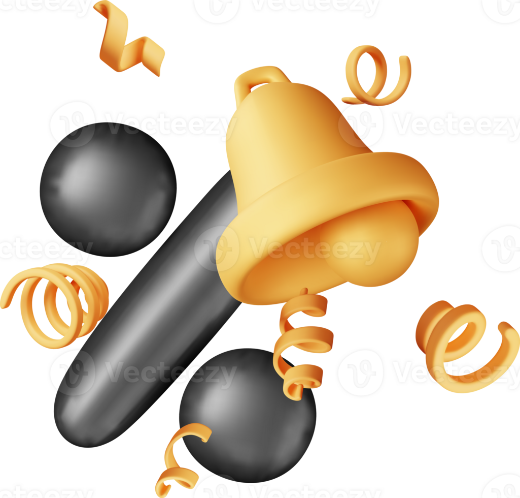 3D gold bell and confetti around balloon percent icon png