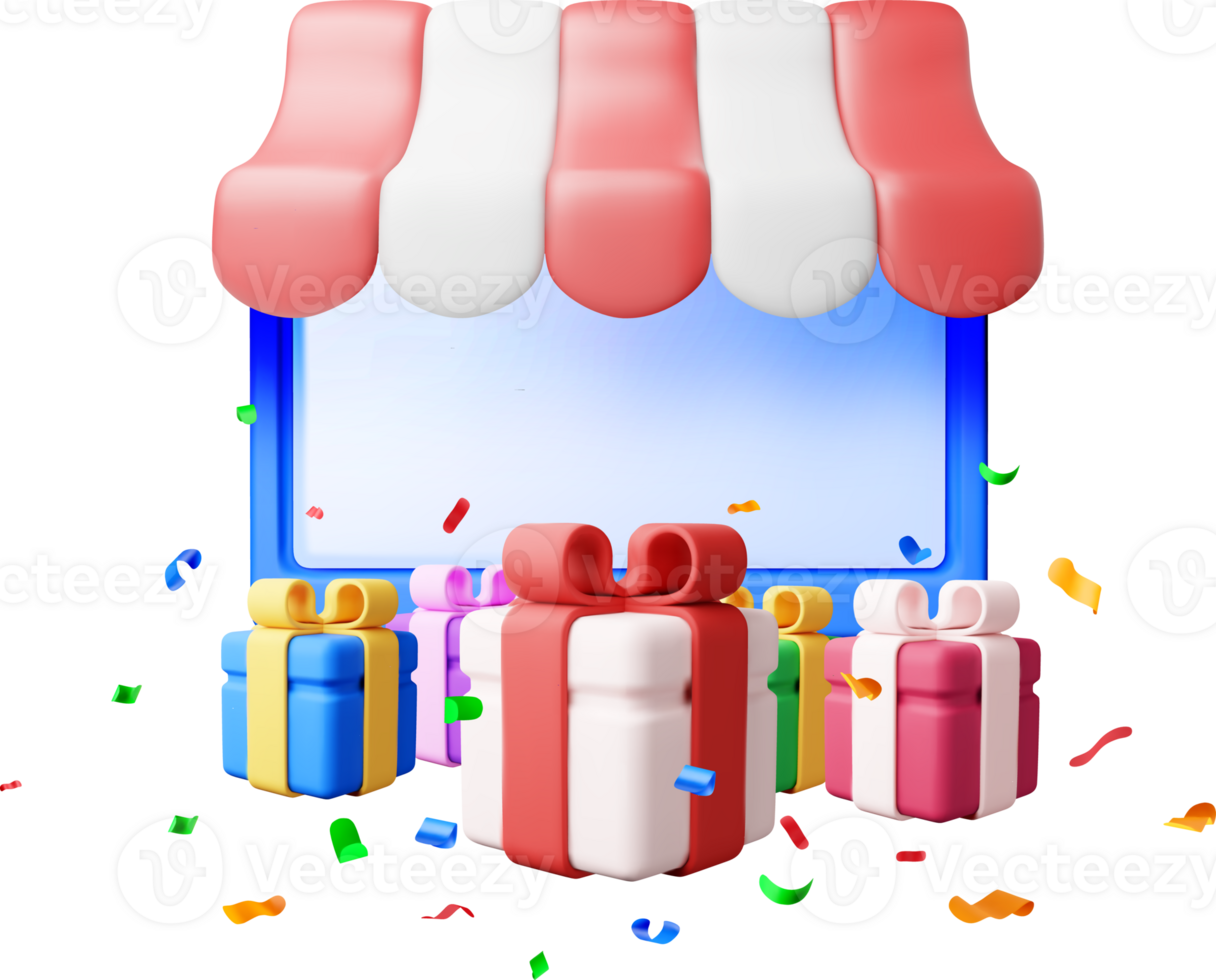 3D striped awning in computer and gift boxes. png