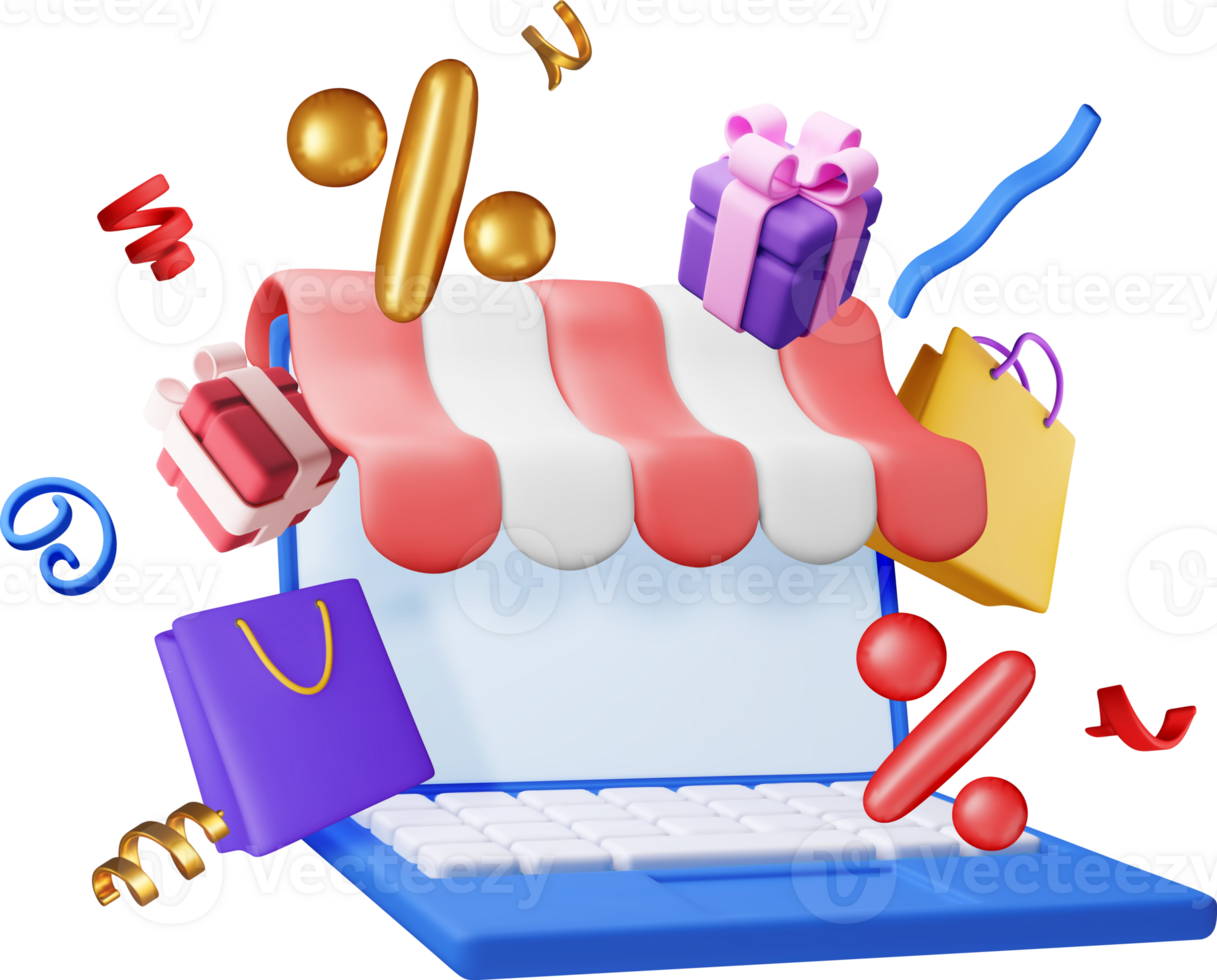3D awning in computer and gift bags and boxes png