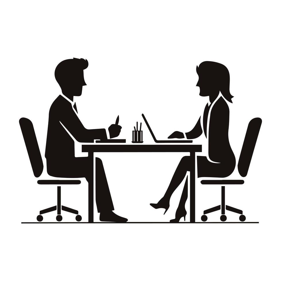 A minimalistic black and white illustration of a job interview, depicted as a simple silhouette icon symbol graphic vector