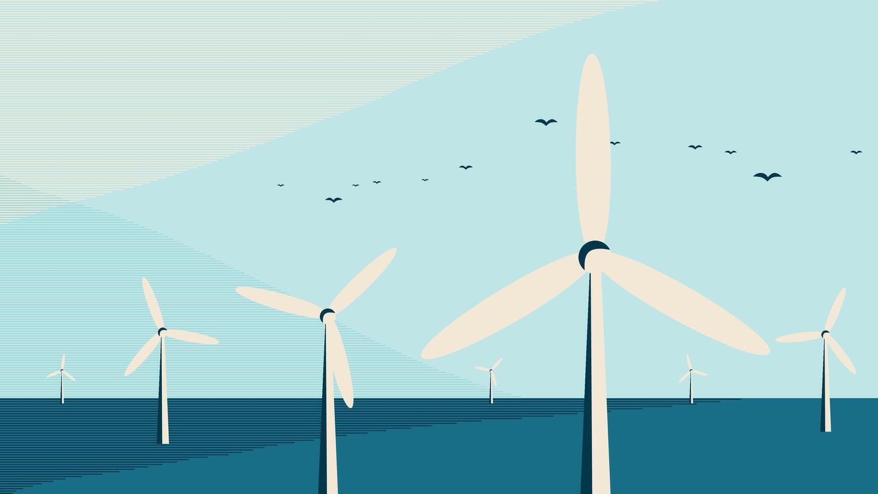 Sea landscape with wind turbines. Wind energy vector