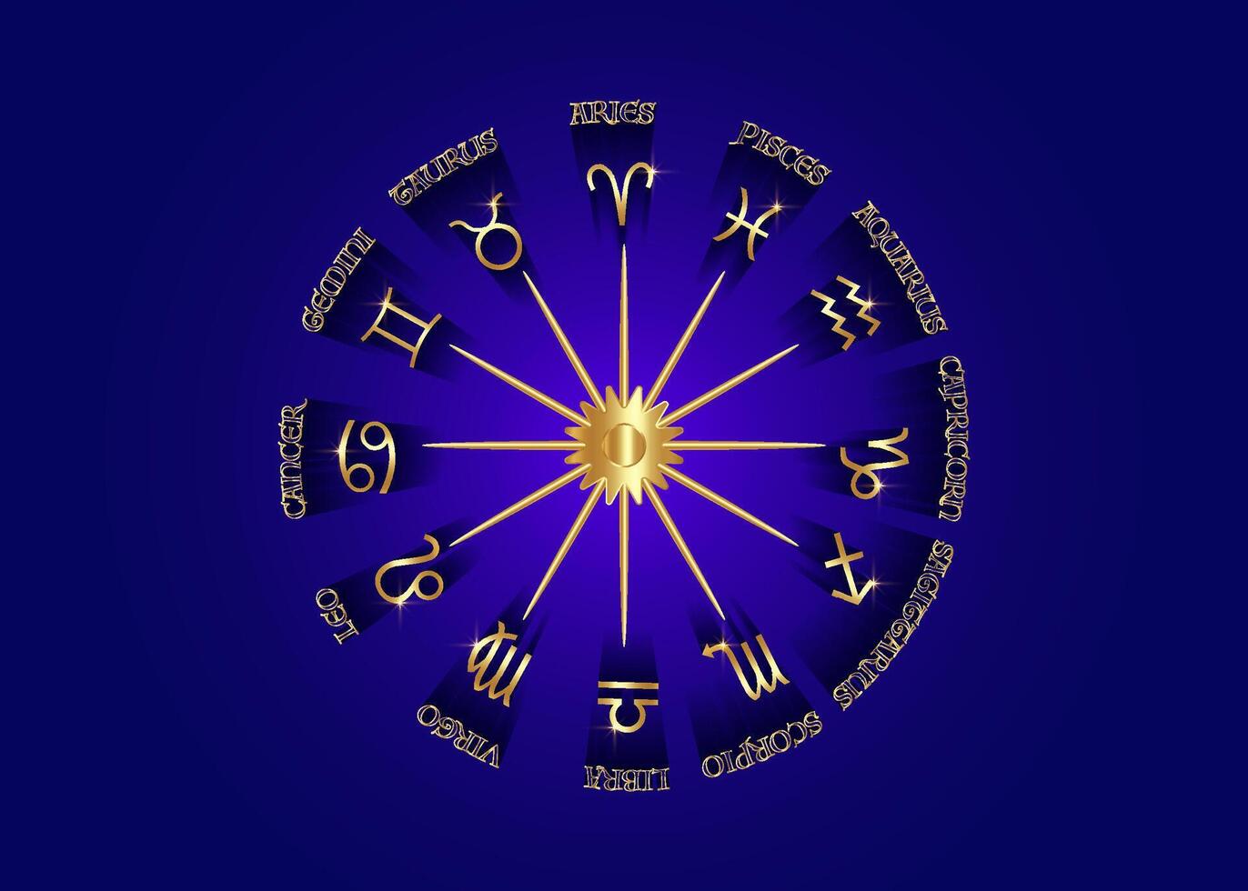 wheel of the zodiac gold 3D set collection 12 zodiac signs, Aries, Taurus, Leo, Gemini, Virgo, Scorpio, Libra, Aquarius, Sagittarius, Pisces, Capricorn, Cancer. isolated on blue background vector