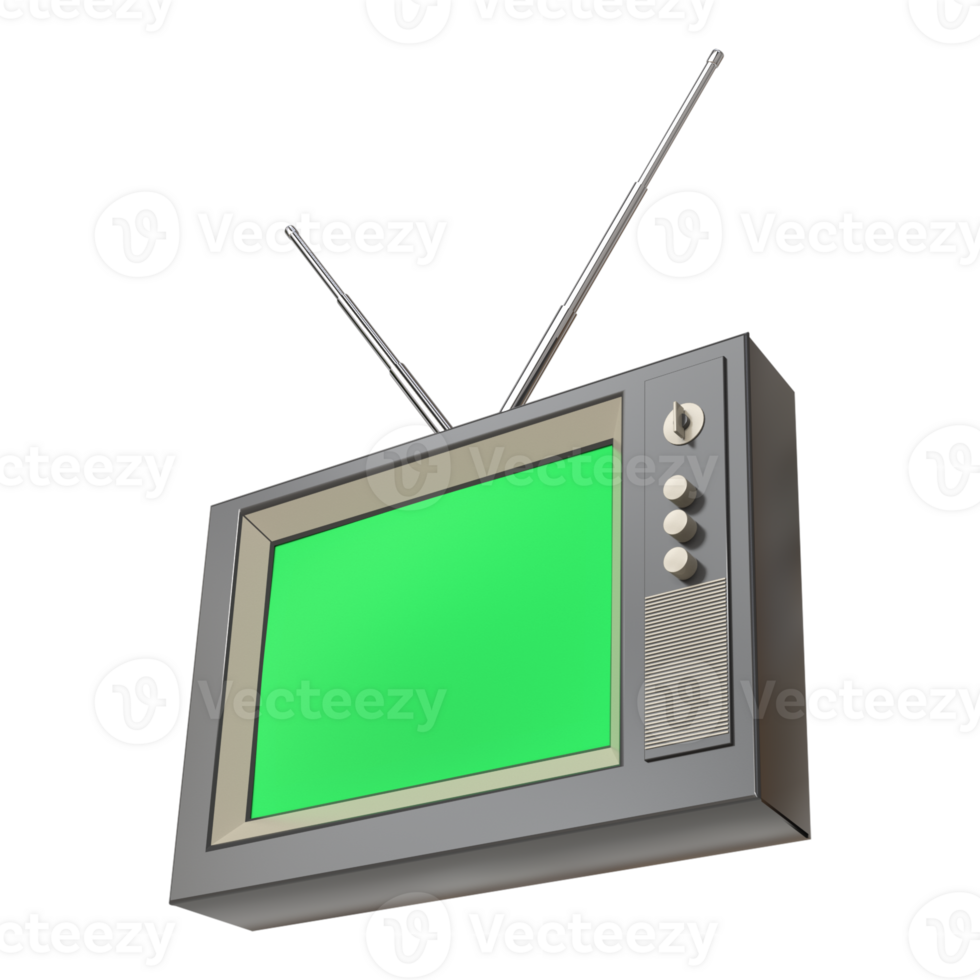 angle view of Retro vintage 3D old Television rendering and green screen on monitor png