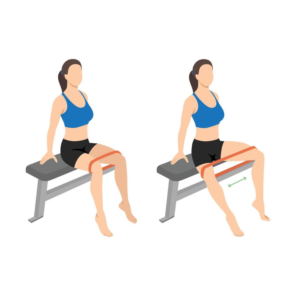 Woman doing resistance band abductor exercise sitting on bench. vector