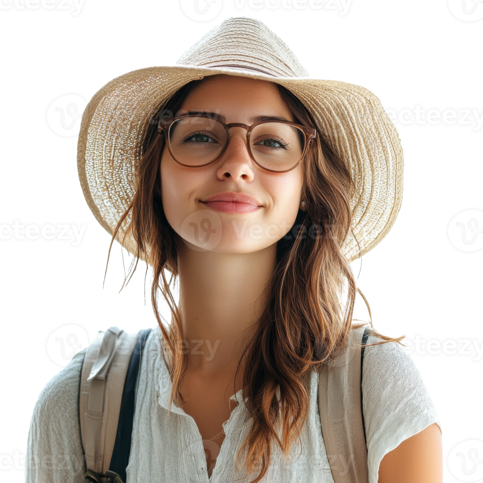 Smiling tourist woman wearing straw hat and glasses png