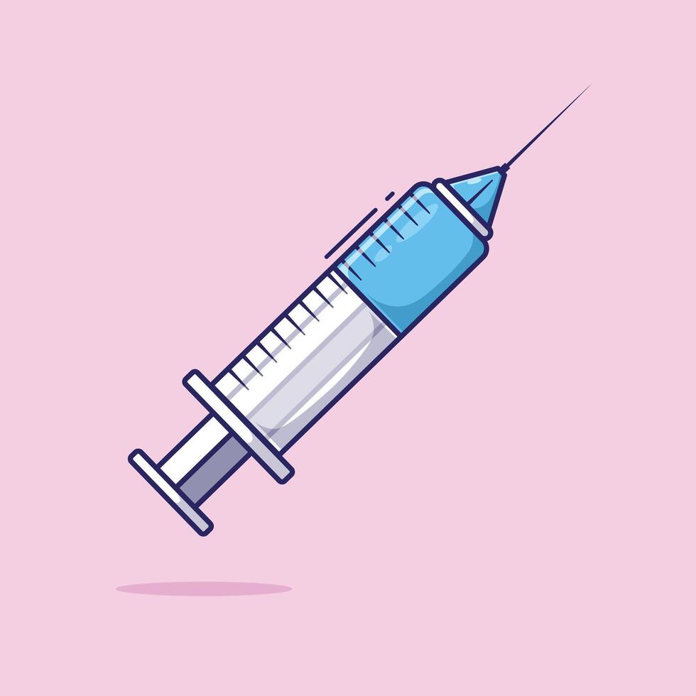 Plastic medical syringe with sterile needle in flat cartoon style icon or symbol illustration vector