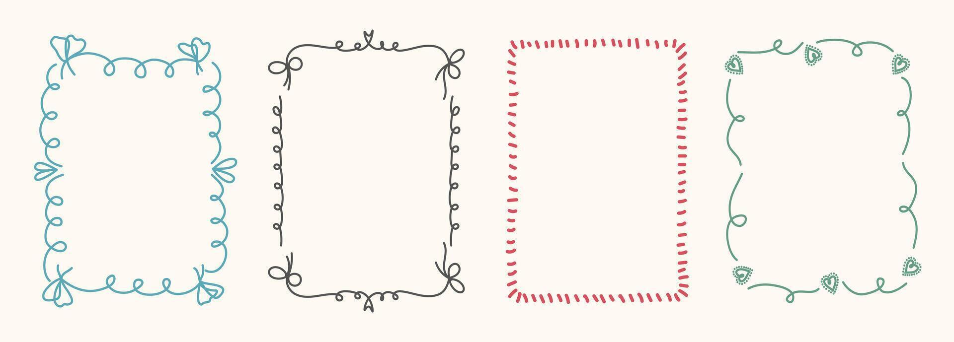 Hand Drawn frame set with doodle bows, ribbons. Whimsical line borders for birthday, christmas, wedding Invitations. Coquette bow set. Vintage minimalist elements in trendy line art style. illu vector