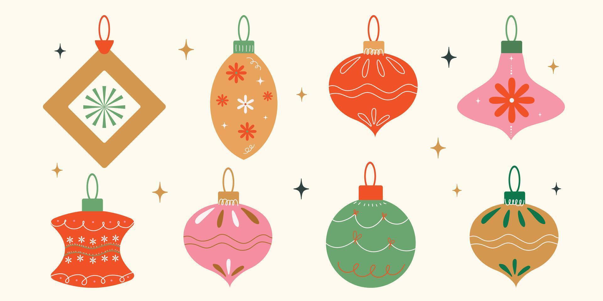 Christmas baubles set with trendy geometric ornament. Merry Christmas balls in flat, minimalist,style, hand drawn. Xmas background for decorations, gift, poster, greeting card. illustration vector