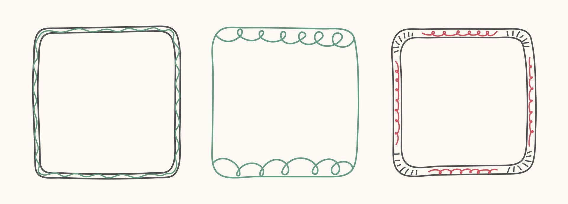 Hand Drawn frame set with doodle squares, ribbons. Whimsical line borders for birthday, christmas, menu, wedding Invitations, photo. Coquette vintage minimal elements in trendy line art style. vector