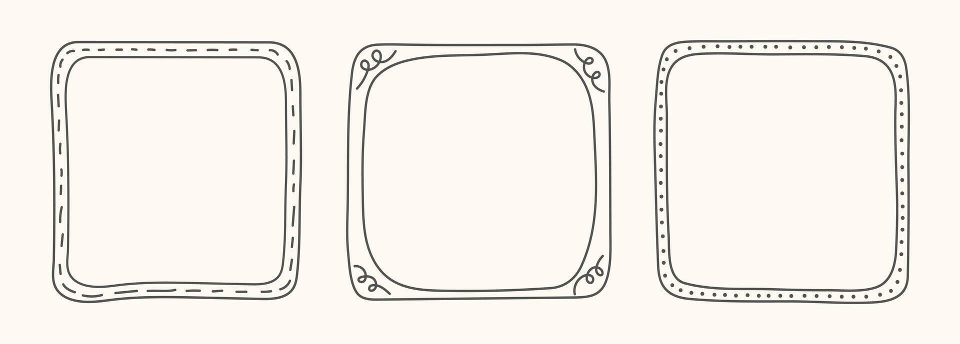 Hand Drawn frame set with doodle squares, ribbons. Whimsical line borders for birthday, christmas, menu, wedding Invitations, photo. Coquette vintage minimal elements in trendy line art style. vector