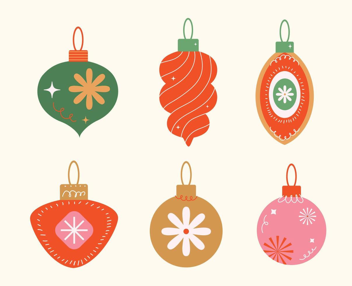 Christmas baubles set with trendy geometric ornament. Merry Christmas background for decorations, gift, poster, greeting card. Xmas balls in flat, minimalist,style, hand drawn. illustration. vector
