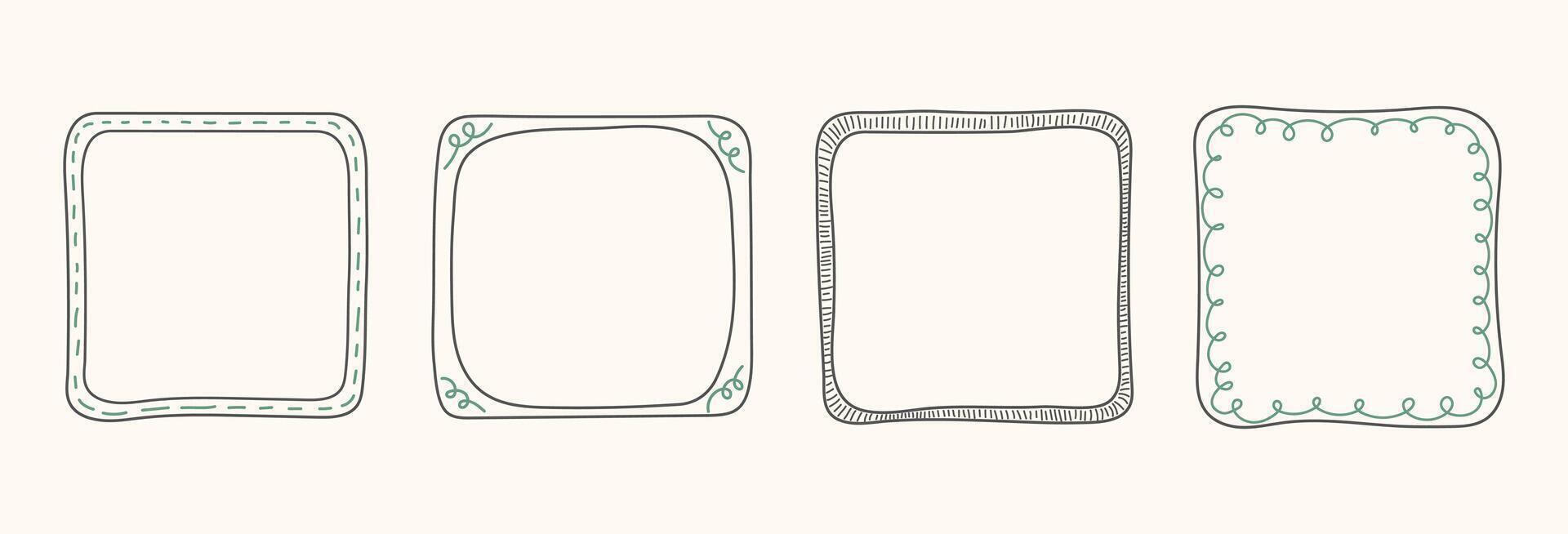 Hand Drawn frame set with doodle squares, ribbons. Whimsical line borders for birthday, christmas, menu, wedding Invitations, photo. Coquette vintage minimal elements in trendy line art style. vector