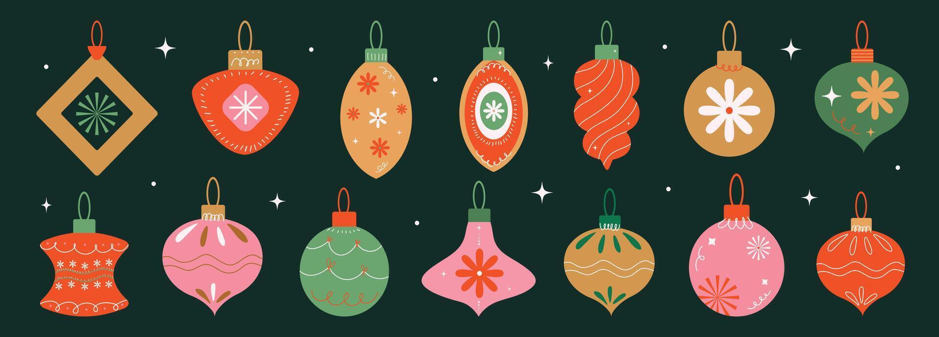 Christmas baubles set with trendy geometric ornament. Merry Christmas background for decorations, gift, greeting card, poster. Xmas balls in flat, minimalist, hand drawn, style. illustration vector