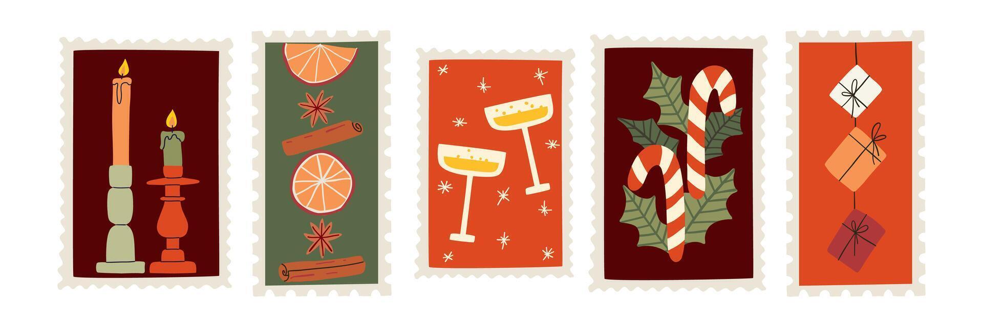 Set of stamps with Christmas illustrations drawn in flat style. Christmas, letters, holidays. Hand drawn illustration. vector
