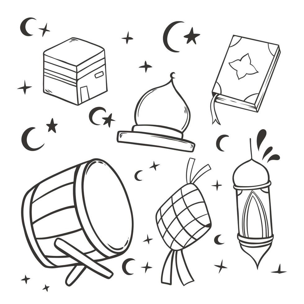 Background pattern seamless Hand Drawn Ramadhan Islamic doodle of ramadan and eid al-fitr style isolated on white background vector